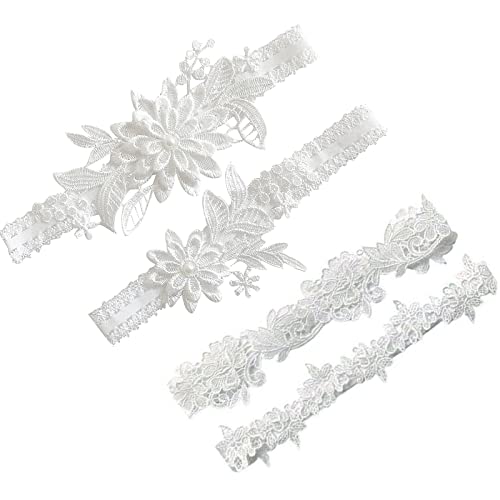 XZEIT 4 Pièces Jarretière de Mariage pour Mariées, Jarretière de Jambe de Dentelle de Mariée, Jarretières Blanc en Dentelle de Fleurs, Convient aux...
