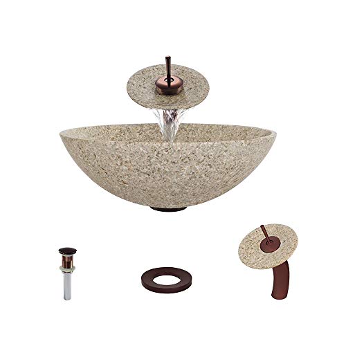 MR Direct 850-T-SWF-ORB Tan Stone Vessel Sink in Honed Basalt Granite with Faucet and Pop-Up Drain in Oil Rubbed Bronze, Waterfall