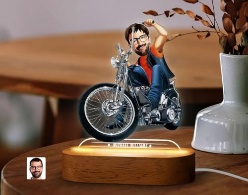 Image of THE GRANDEUR Personalized Caricature Gift for Men, Custom Bike Rider Cartoon LED Light with Wooden Stand - Acrylic Figurine, Unique Gift for Men & Him (15 x 6 cm)