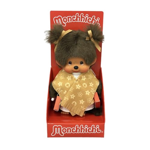 Sekiguchi 205264 - Monchhichi Originale, Fille avec Sacs de Courses et écharpe monogrammée, Peluche d'environ 20 cm en Peluche Marron