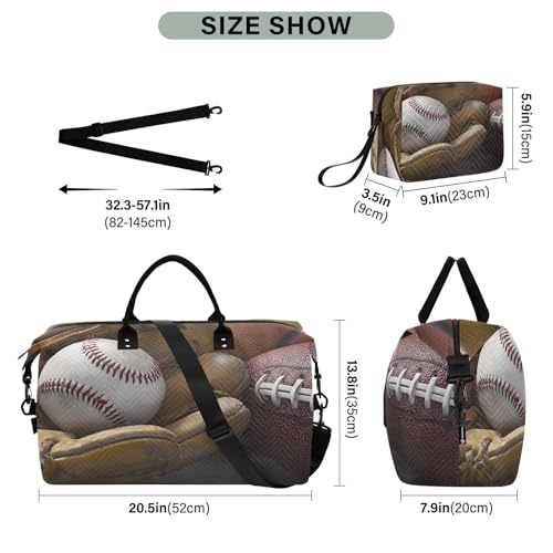 Baseball Football Basketball Large Travel Duffle Bag Weekender Overnight Bags Gym Yoga Bag for Women Men with Toiletry Bag3