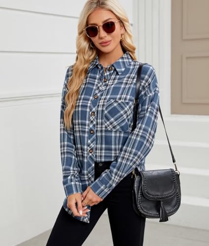Image of Lacozy Womens Buffalo Plaid Flannel Shirt Long Sleeve Collar Button Down Blouses Tops