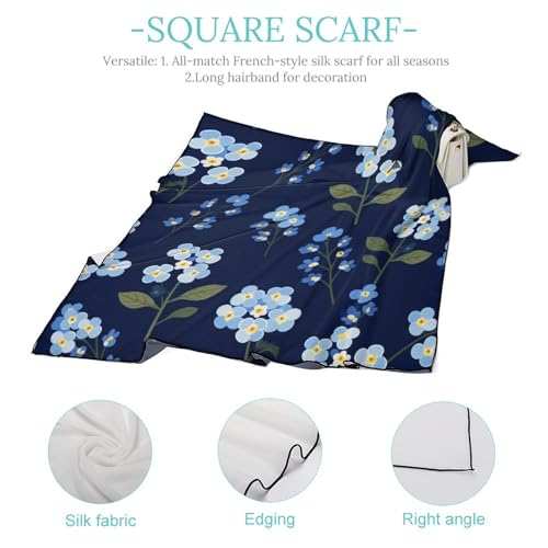 Vintage Forget-me-not Flowers Women Hair Scarf Square Silk Like Head Scarves Handkerchief Satin Neck Scarf4