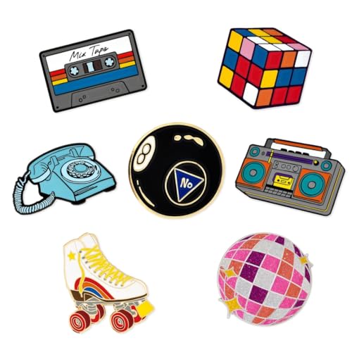 PinMart's Retro Enamel Pin – Vintage 80s Lapel Accessory for Backpacks, Hats, Bags, Jackets – Cute Decorative Rock Band Pins for Collectors & Gifts (Nostalgic Retro Enamel Pins, 7 piece Set)