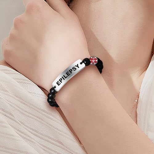 COMTRUD Medical ID Bracelet Stainless Steel Bend Brand ID Tag for Men Women Obsidian Medical Alert Beaded Bracelet Personalized Customized Jewelry Gift2