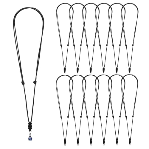Tweruna 12 PCS Vintage Black Leather Necklace Cord, Black Adjustable Necklace Cord for Men, Double Knotted Craft PU Leather Necklaces Rope Cords with Metal Ring for Hanging Pendants