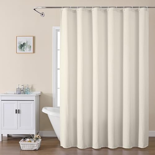 OVZME Long Fabric Shower Curtain Set, Waffle Textured Shower Curtain for Bathroom - Weight 230GSM Heavy Duty Hotel Spa Luxury Bath Curtain Set with 12 Plastic Hooks, 72x78, Cream by OVZME - Used condition - Image 2