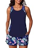 Summer Mae Bescheidener Tankini-Badeanzug für Damen, strukturiert, gerippt, Bauchkontrolle, Badeshorts mit Taschen, Monstera-Blattmuster, 16
