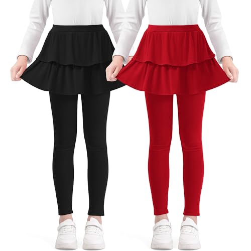 Somaibo Girls Leggings with Skirts School Uniform Athletic Stretchy Tutu Pants Kids Warm Ruffle Clothes 2-Pack 10-12 Years Black Red