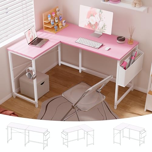 Pamray 47 Inch Reversible L Shaped Gaming Desk Corner Computer Desk with Storage Bag Home Office Table for Writing Study Pink