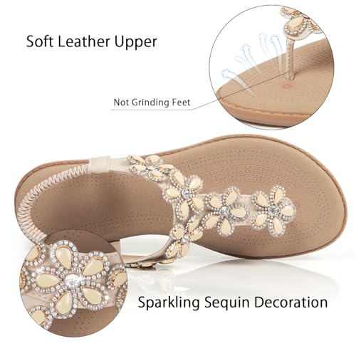 Image of iCKER Women Flat Thong Sandals Rhinestone Sparkly Boho Elastic Ankle Strap | Non‑slip,Matches Summer Dresses,for Vacation,Wedding,Evening and Festival
