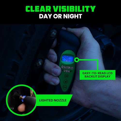 Rhino USA Digital Tire Pressure Gauge 150 PSI, 4 Ranges, Ergonomic Design w/Lighted Nozzle & LCD Backlit Display - Certified Accurate Readings, Best Digital Gage