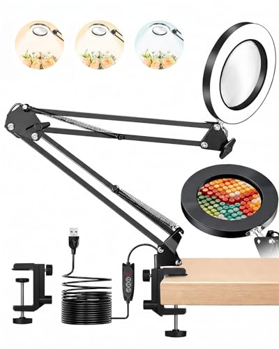 Image of TANYO 10X Magnifying Glass with Light, Real Glass Len Magnifier with Light with 3 Color Mode Dimmable, Dual Swing Arm Hands Free LED Desk Magnifier Lamp for Jewelry Sewing Crafts Embroidery Repair