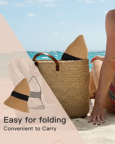 FURTALK Womens Beach Sun Straw Hat UV UPF50 Travel Foldable Brim Summer UV Hat (Aa-Mixed Beige, Medium)