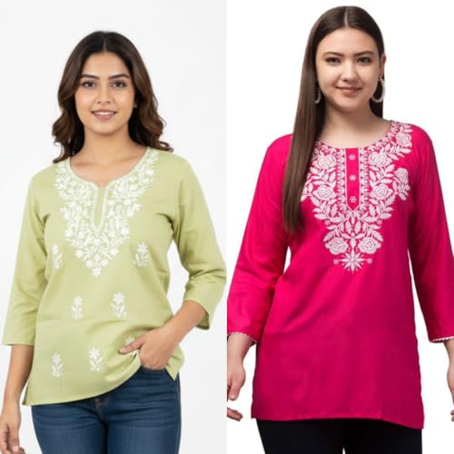 Image of Women's Rayon Kashmiri Embroidered Short Kurti | Stylish and Comfortable Kashmiri Short Kurti Tops for Casual Or Special Occasions | Pack of 2 Combo |