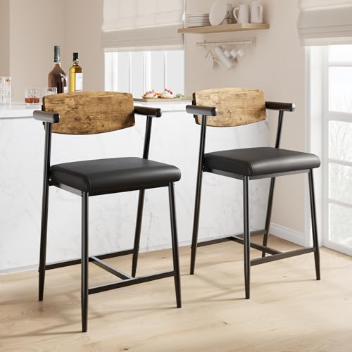 Image of GarveeHome Counter Height Bar Stools Set of 2 with Arms, 26 in Upholstered Modern Bar Stools Set with Wood Back & Footrest for Kitchen Island, Counter Bar, Wider Seat, Easy Assembly, Retro Brown