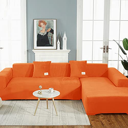 OKJK Samt Sofaüberwurf Stretch All-Inclusive Couchbezug Eckcouch, Wohnzimmer Vier Jahreszeiten universeller l Form Sofabezug, Pflegeleichter Sofaschutz (Orange,Part A-A 85-135cm) Cover