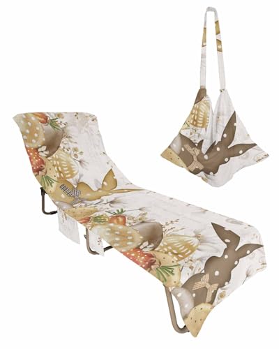 Beige Bunny Easter Beach Lounge Chair Towel Cover, Soft Chaise Lounge Towel with Side Pockets Patio Pool Chairs Cover for Beach/Pool Sunbathing 29x85 Farmhouse Spring Floral Eggs