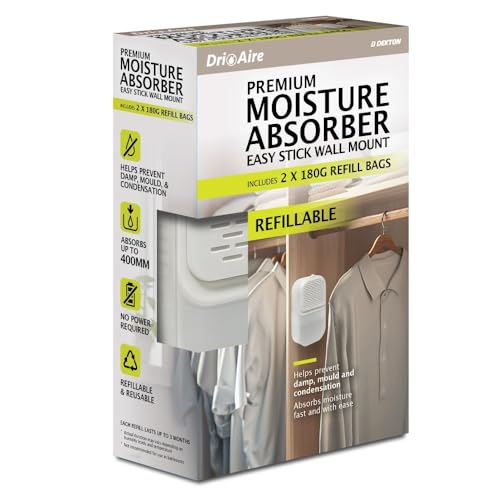 Dri Aire Easy Stick - Deshumidificador de pared con 2 bolsas de recambio de 180 g para una absorción fiable de la humedad en espacios cerrados pequeños utilizando un diseño limpiamente extraíble, sin