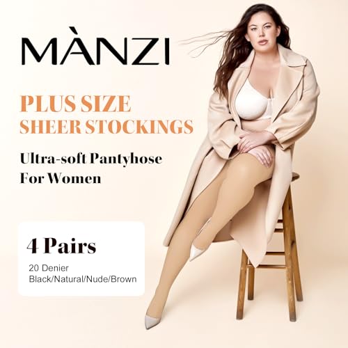 Image of MANZI Women's Plus Size Pantyhose 4 Pairs Sheer Nylon Tights