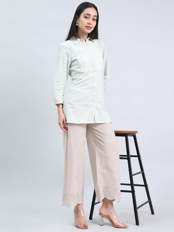 Image of GO COLORS Women's Cotton Hakoba Palazzo | Ankle Length, Schiffli Embroidery, Relaxed Fit, Mid-Rise with Side Pocket