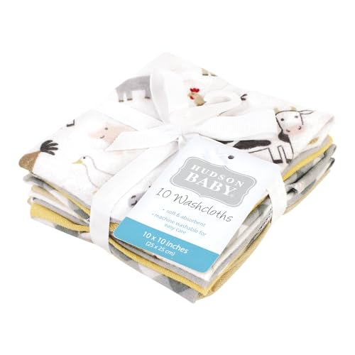 Image of Hudson Baby Unisex Baby Flannel Cotton Poly Washcloths, Cute Farm 10 Pack, One Size