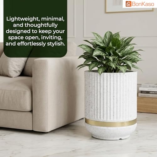 Image of BonKaso 14 Inch Tower Plant Pot for Indoor & Outdoor | Modern Lightweight Polymer Planter | Weather, UV & Frost Resistant | Ideal for Living Room, Balcony, Office & Nursery (White)