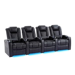 Home Theater Seating Seats Classic Series Top Grain Leather Recliner Chair Dual Power Electric Headrest Movie Gaming Sofa with Tray Table Type C USB Charger Cup Holders Black Row of 4