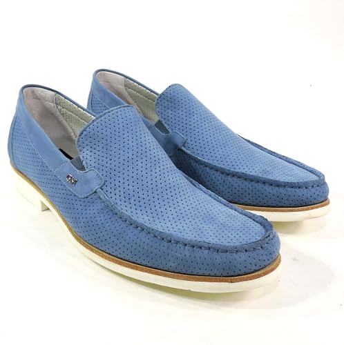 Goodman Italian Men's Perforated Nubuck Leather Loafers, Light Blue, Comfort Slip-on Style, Size 44 EU, Made in Italy2