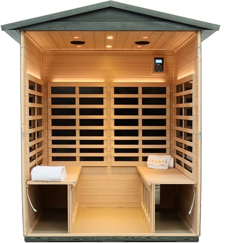 Image of LTCCDSS Ultra Low EMF Outdoor Sauna 4 Person, Carbonized Composite Wood Far Infrared Sauna for Home, EMF 0.1-1mG, Bluetooth & Chromotherapy (68.1 * 52.4 * 82.7 in)
