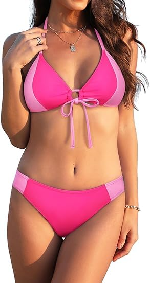 Women's Bikini Set Swimwear | Halter Neck Two-Piece Swimsuit | Tie-Up Triangle Bikini Top & Mid-Rise Bottom | Stretchable Nylon Beachwear-image-38