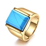 LXBQYSTO Men's Stainless Steel Vintage Square Gem Rings Gold and Silver Fashion Ring Party Wedding Gift For Men (Square-Gold-Turquoise, 7)