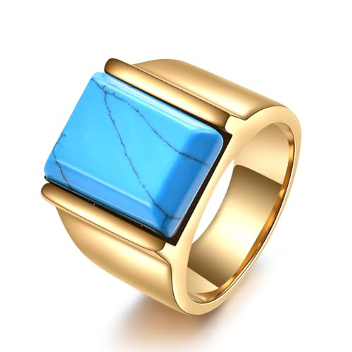 LXBQYSTO Men's Stainless Steel Vintage Square Gem Rings Gold and Silver Fashion Ring Party Wedding Gift For Men (Square-Gold-Turquoise, 7)