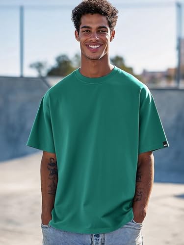 Image of Bewakoof Men's Solid Oversized Fit Half Sleeve Round Neck Cotton T-Shirt