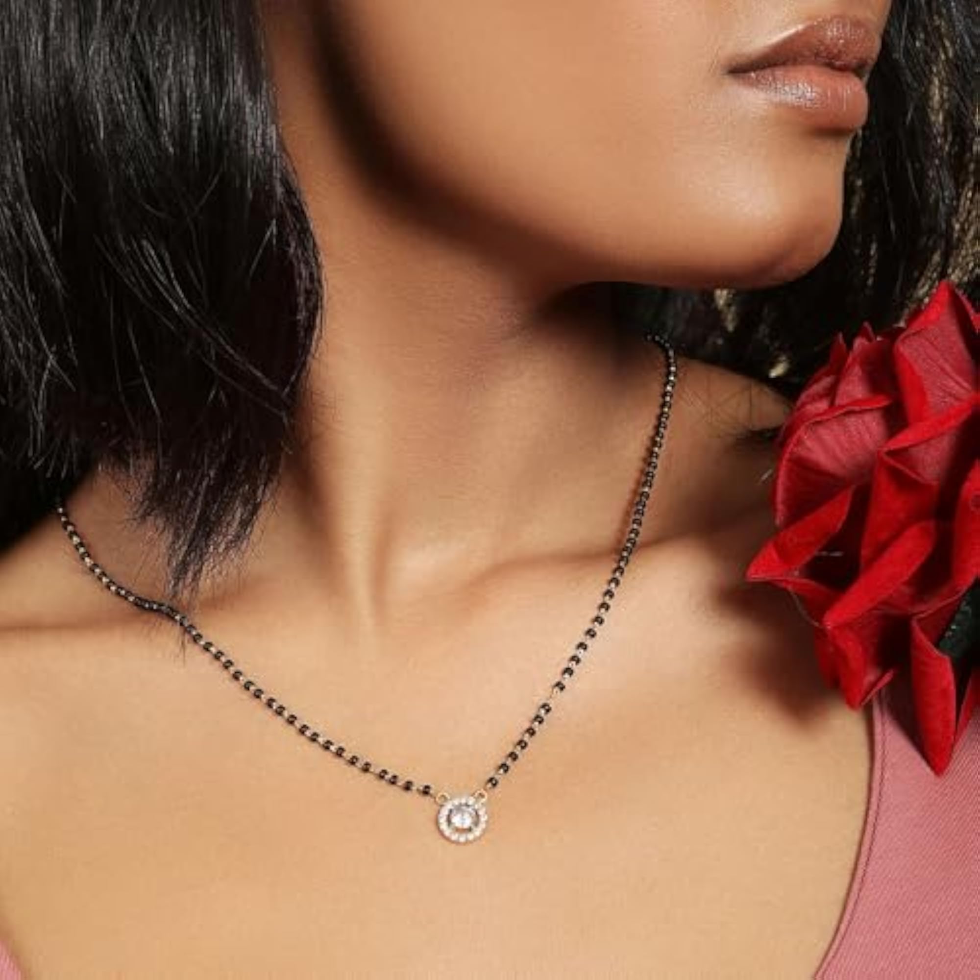 Women's Gold-Plated Round White CZ Studded Silver Mangalsutra, Gift for Her