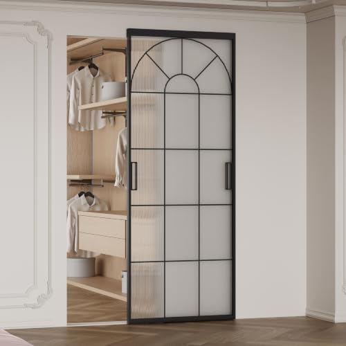 Image of Opening Size 26 inch -30 inch x 72-85 inch H Fluted Glass Barn Door, Concealed Sliding Barn Door with Soft Close, Waterproof Modern Sliding Door for Bathroom /Kitchen Privacy, 5 /16 inch(8mm) Tempered Glass,