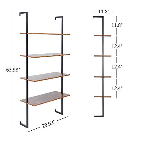 Super Deal 4 Tier Bookcase, Floating Wall Mounted Bookshelf Hanging Wall Wood Shelves With Industrial Pipe Metal Frame, 30In L X 11.8In W X 64In H, Rustic Brown #TOP3