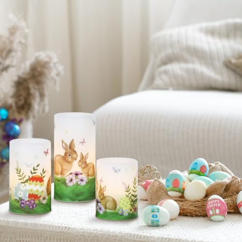 Image of Eldnacele Easter Bunny Flameless Flickering Candles with 6H Timer Battery Operated Real Wax Candles Easter Eggs Lilies Rabbits Home Decor 4 inch5 inch6 inchH (3 inchD)