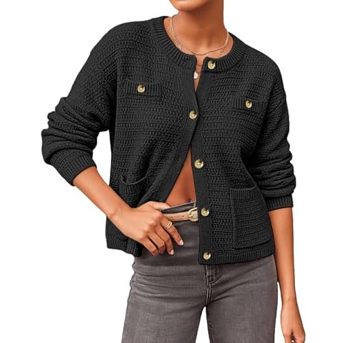 Bsubseach Cardigan Sweaters for Women with Pockets Fall Cropped Cardigans Trendy Button Up Sweaters Black Large