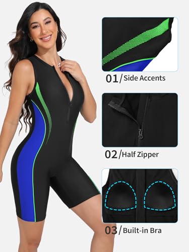 ATTRACO Boyleg One Piece Swimsuits for Women Athletic Bathing Suits Color Block Zip Up Swimwear