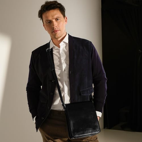 Image of Time Resistance Italian Leather Messenger Bag for Men - Full Grain Leather Men's Crossbody Bag - Tablet Sized Shoulder Bag