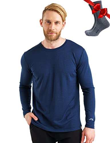 Merino.tech T-shirt thermique léger à manches longues en laine mérinos bio pour homme - Bleu - Taille M Cover