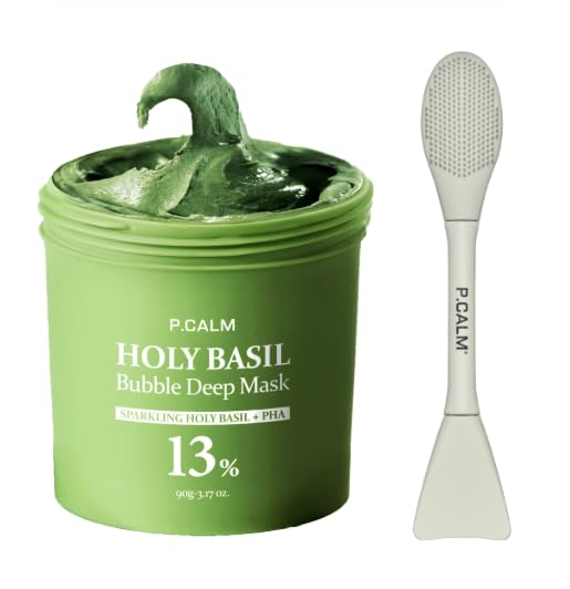 P.CALM Holy Basil Bubble Deep Mask + Brush | Pore Reset with Holy Basil Blackhead Care & Excess Oil Control Bubbling Clay Wash-Off Mask | Korean Skincare 90g / 3.17 oz
