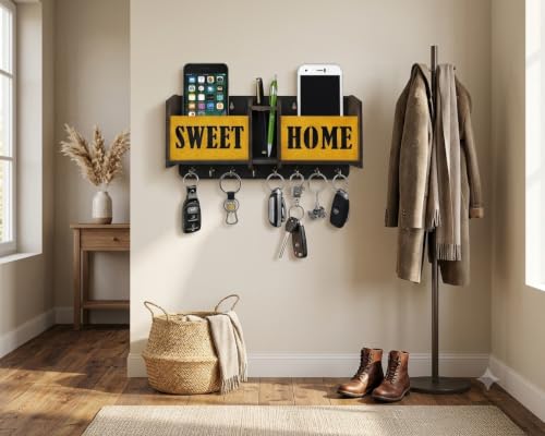 Image of Sweet Home Key Holder for Home Wall Stylish | Wooden Key Stand for Wall | MDF Key Hanger | Two Box to Charge Mobile | Pen and Keys Holder Stand for Office, Hall Living | Matte Finish