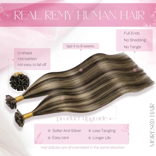 Image of Moresoo K Tip Hair Extensions Real Human Hair, Caramel Brown, 16 Inch | 50g 50 strands, hot fusion keratin tips, warm brunette blend, invisible bond look, party styling