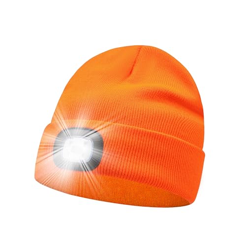 Image of LED Beanie Hat Orange Headlamp Plain Soft Comfortable USB Rechargeable Head Light for Men Women Warm Knitted Winter Woolly Night Running Dog Walker Headwear