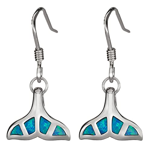 Sterling SIlver Created Blue Opal Whale Tail Dangle Earrings
