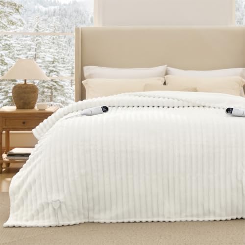 Image of Bedsure Electric Blanket King Size - Thick Striped Flannel Electric Blanket with Dual Control, Heating with 6 Heat Settings & 6 Time Settings, 8 hrs Timer Auto Shut Off (90 inchx100 inch, White)