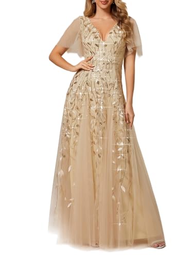 Ever-Pretty Women's Sequin Formal Dress Sparkly V-Neck Short Sleeve A-Line Floor Length Prom Evening Gown Gold US8