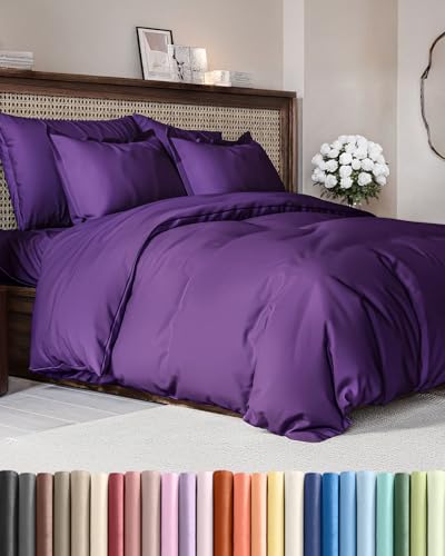 Image of Duvet Cover Queen Size Set - Extra Soft Queen Duvet Cover 90 inch x 90 inch with 2 Pillow Shams for Women, Men, Kids & Teens - Hotel Luxury, Easy-Care w / Zipper Closures & Ties - Comfy & Breathable (Purple)